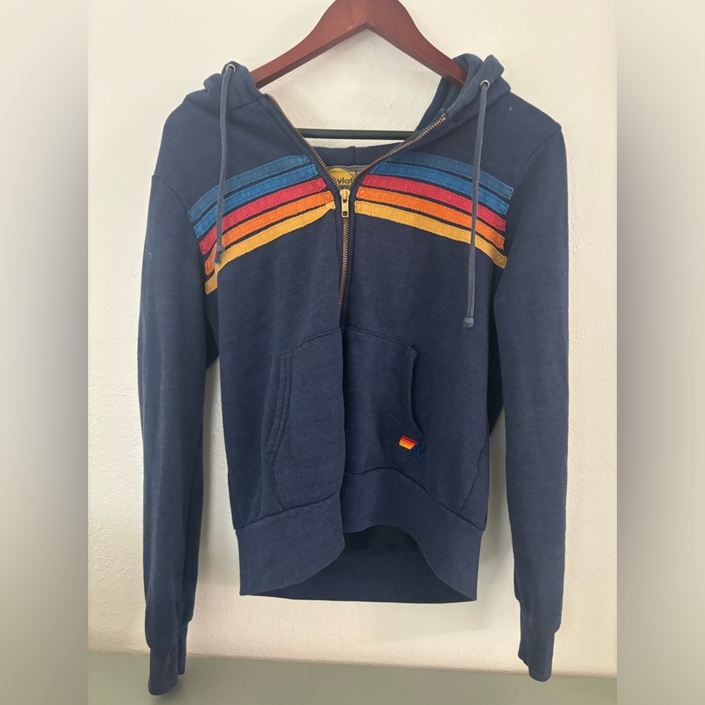 aviator nation 5 STRIPE RELAXED ZIP HOODIE in navy blue